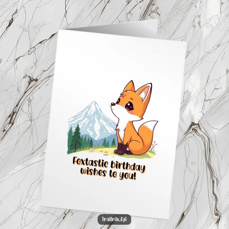 Funny Free Printable Birthday Card featuring a curious fox gazing dreamily at a magnificent mountain vista, ready to download.