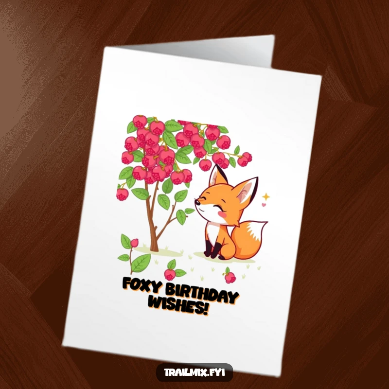 Funny Free Printable Birthday Card: A cheerful fox excitedly sniffing a bush laden with ripe wild berries.