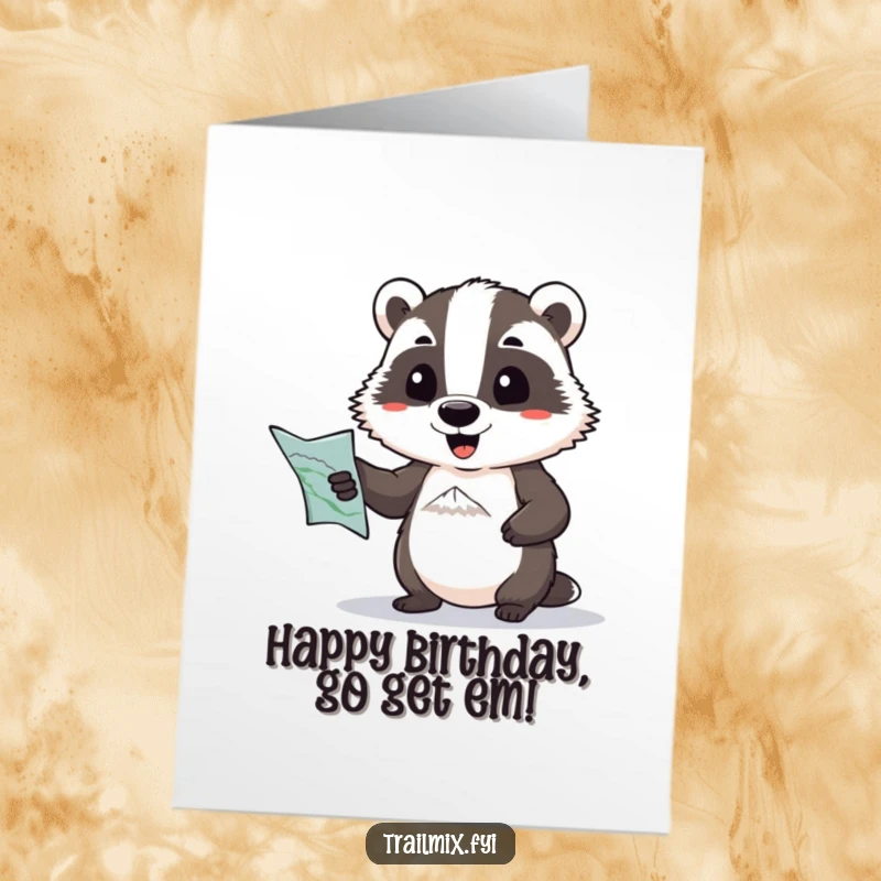 Funny free printable birthday card: a badger with a map comically pointing towards a distant mountain peak.