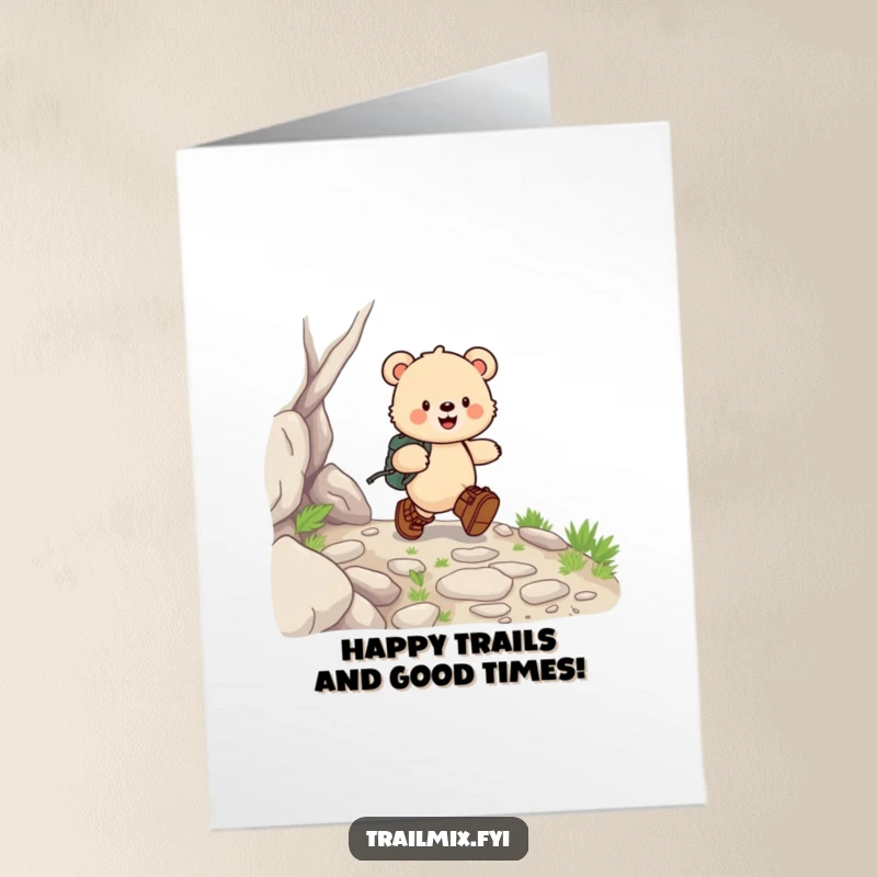 Free Printable Birthday Card: A happy bear cub in hiking boots skips down a rocky path, full of birthday cheer.