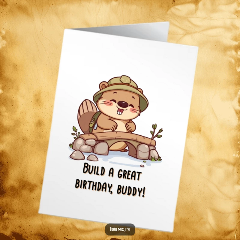 Funny Free Printable birthday card of a busy beaver explorer constructing a small bridge, celebrating with constructive humor, downloadable gift.