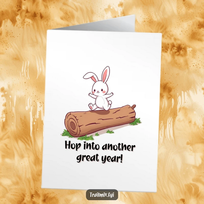 Funny Free Printable Birthday Card: An energetic cartoon bunny enthusiastically jumps over a fallen log with a smile.