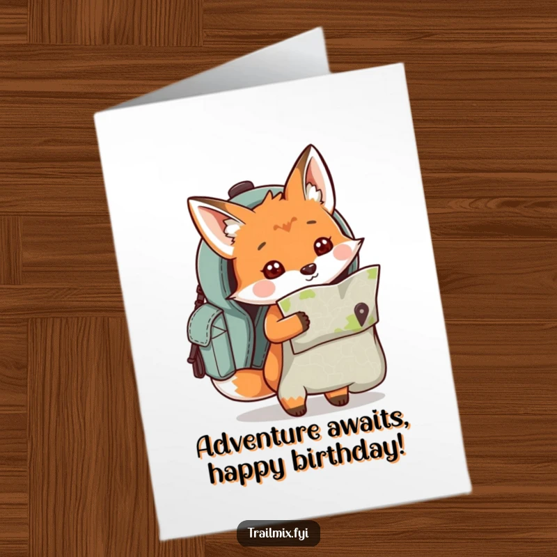 Funny Free Printable Birthday Card: A curious fox peeks out from a backpack holding a map, looking ready to explore.
