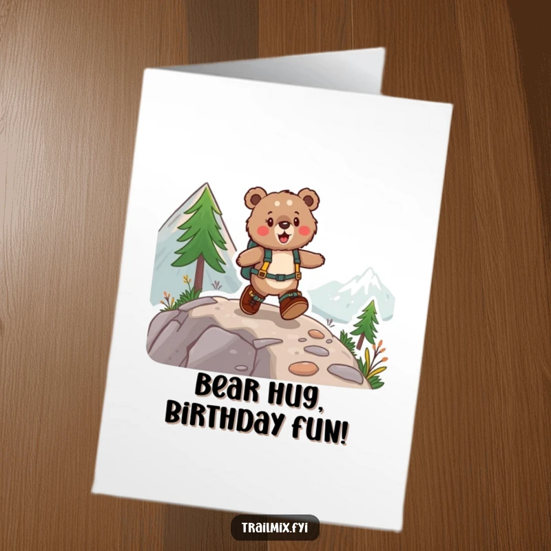 Funny Free Printable Birthday Card: Chubby bear in hiking boots joyfully skipping up a mountain path.