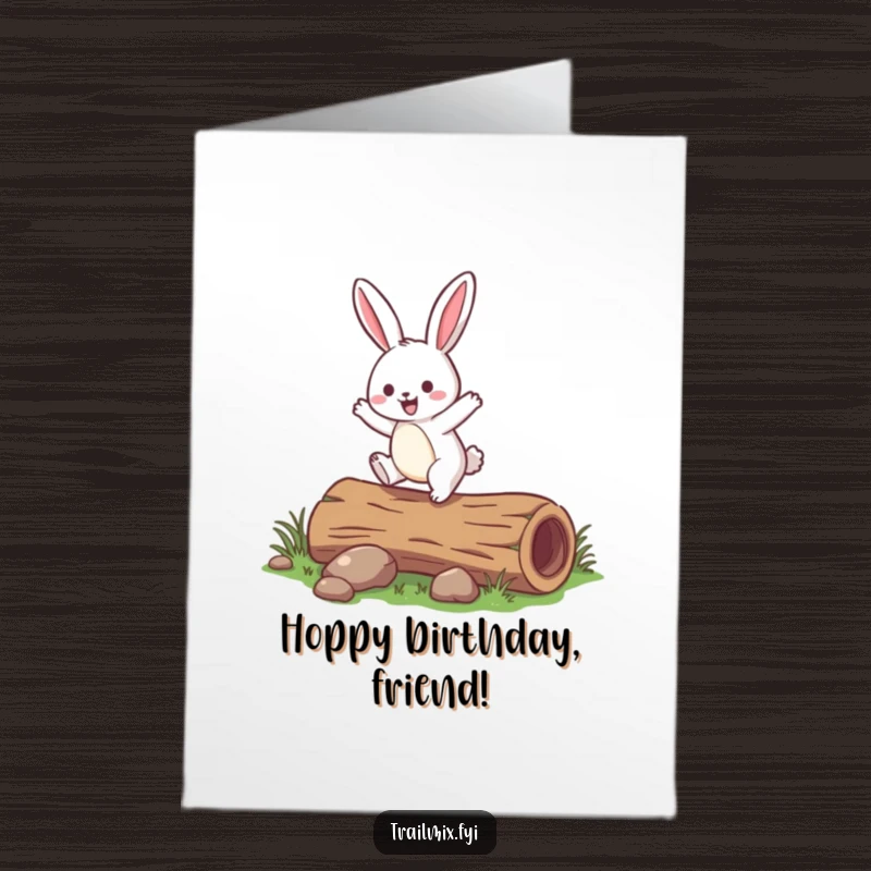 Funny Free Printable Birthday Card: A jovial rabbit energetically hopping over a small fallen log.