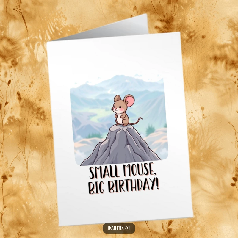 Funny free printable birthday card: A happy little mouse stands on a mountain peak, surveying a vast landscape.