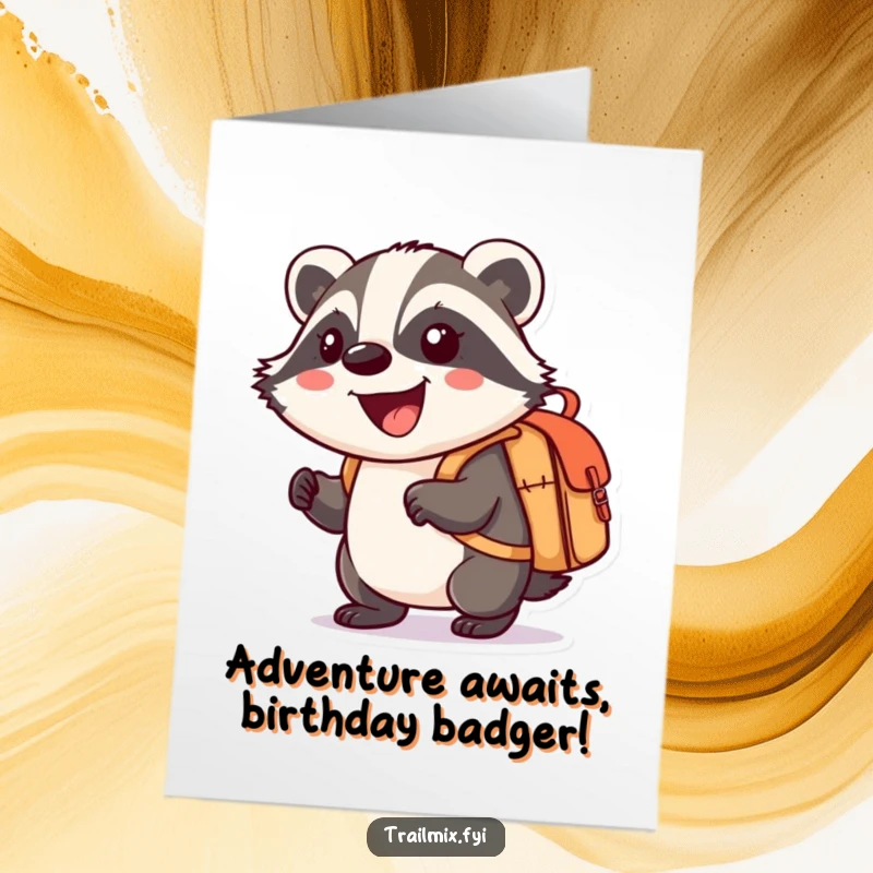 Funny Free Printable Birthday Card: A smiling badger character happily carrying a small knapsack, ready for adventure and birthday celebrations.