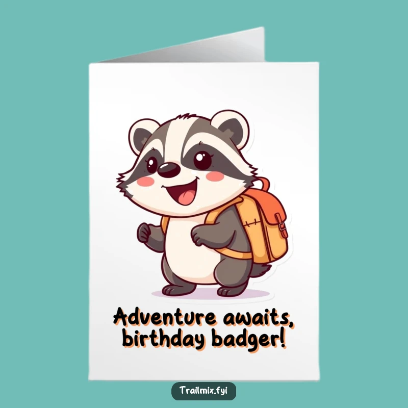 Free Printable Birthday Card: Smiling Badger with Knapsack, Funny Adventure Gift