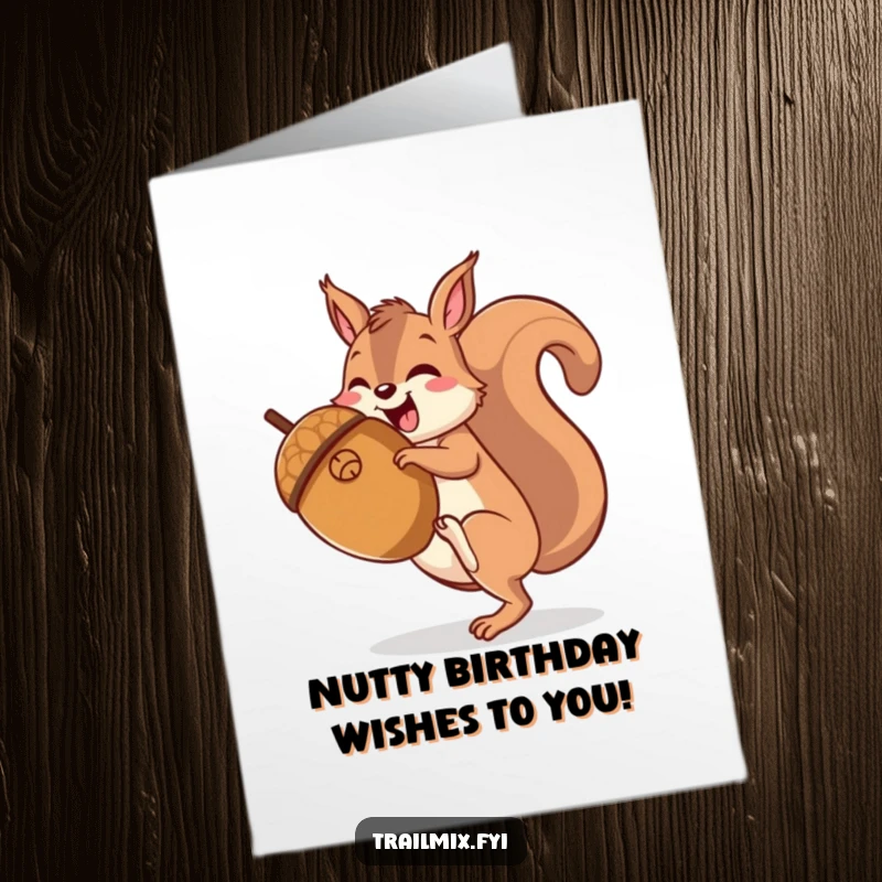 Funny Free Printable Birthday Card: A gleeful cartoon squirrel joyfully hikes up the side of a giant acorn.