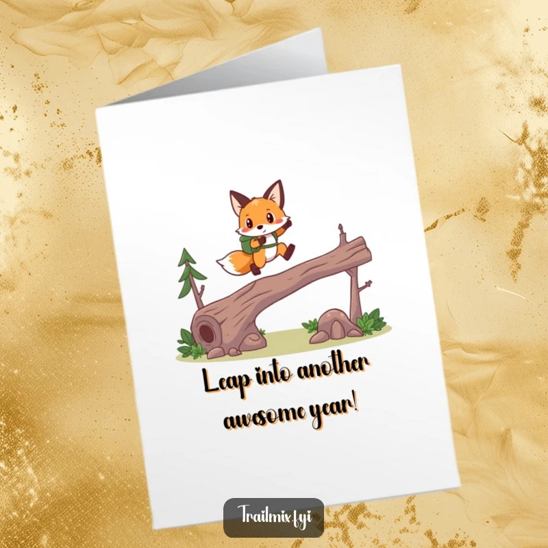 Funny Free Printable birthday card of a brave fox hiker mid-leap over a log, celebrating with energy, downloadable gift.