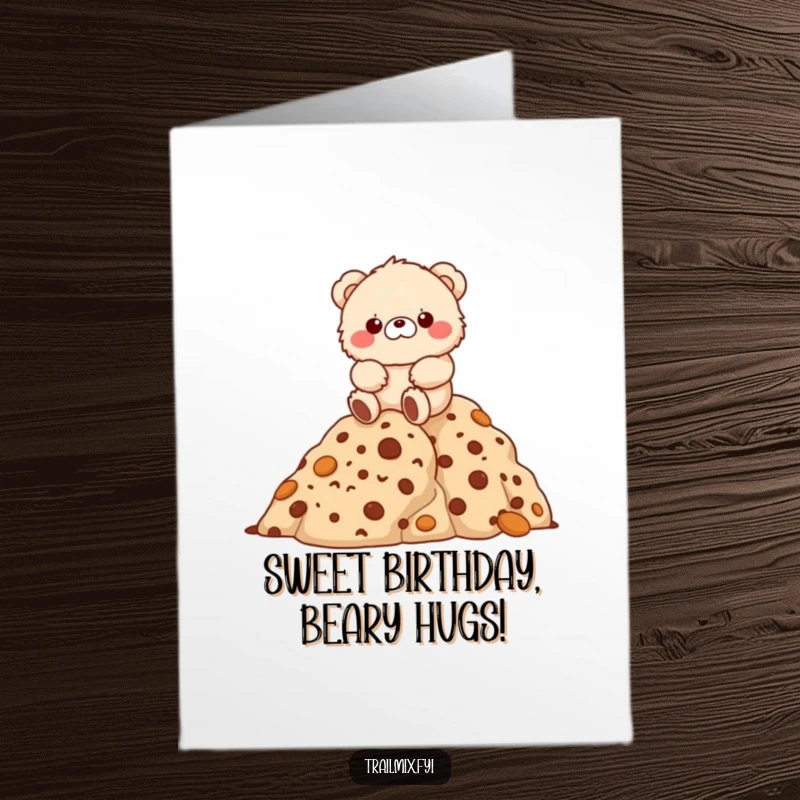 Funny Free Printable Birthday Card: Fluffy bear happily climbing a massive mountain made of delicious cookies, a sweet adventure.