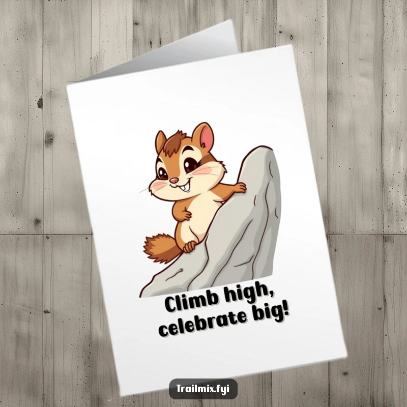 Funny Free Printable Birthday Card: A smiling chipmunk with focused eyes is determinedly climbing a textured grey rock.