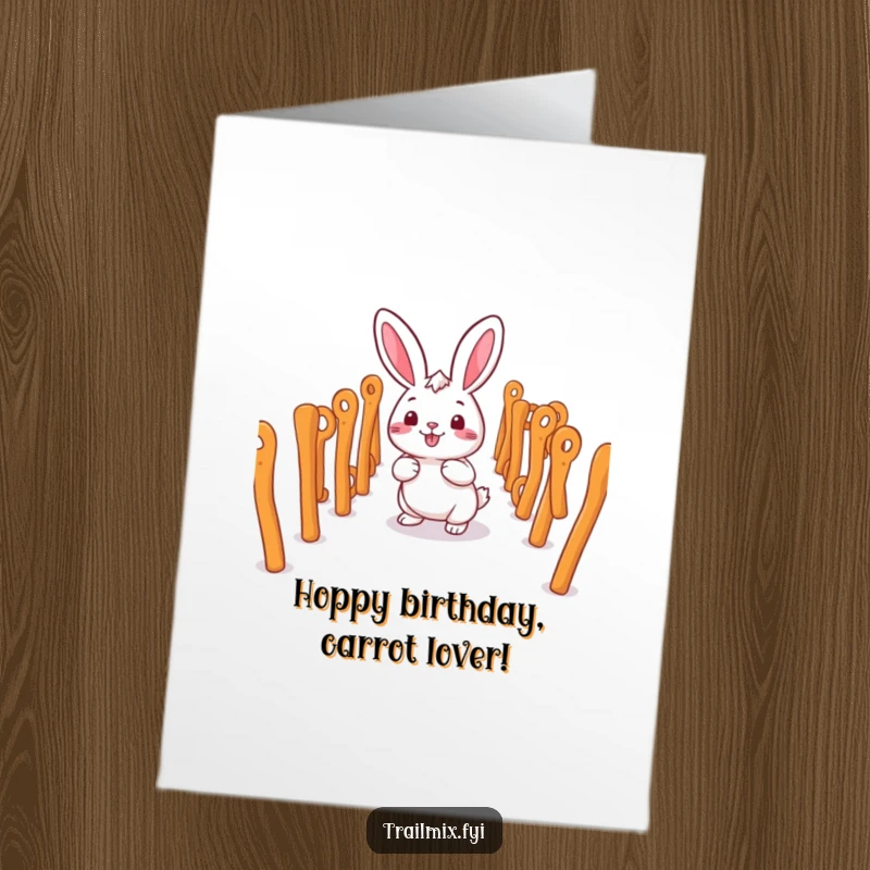 Funny Free Printable Birthday Card: Smiling rabbit character happily navigating through a complex maze made of pretzel sticks.