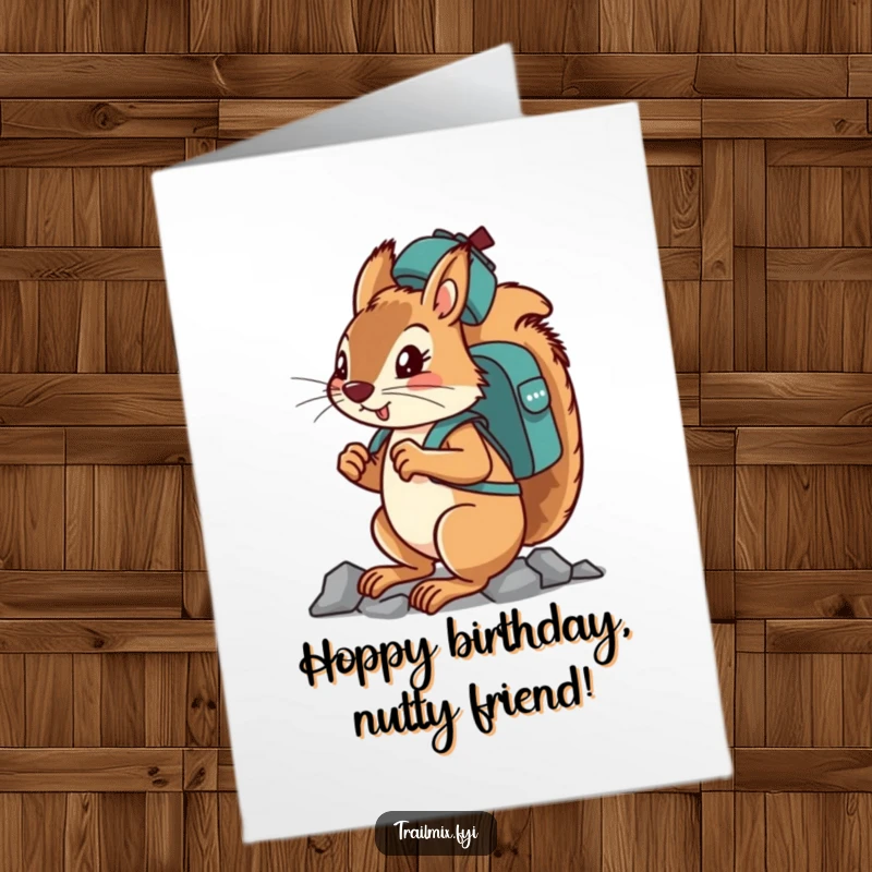 Funny Free Printable Birthday Card: Determined squirrel character bravely climbing while balancing a backpack precariously on its head.