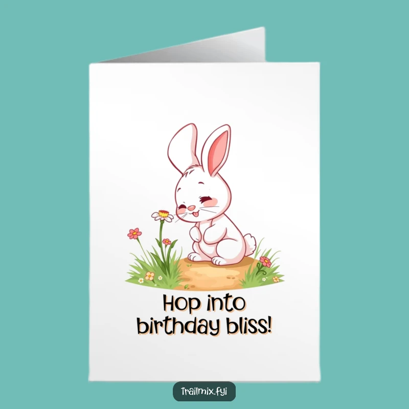 Free Printable Funny Rabbit Sniffing Flower Birthday Card - Cute Downloadable Gift