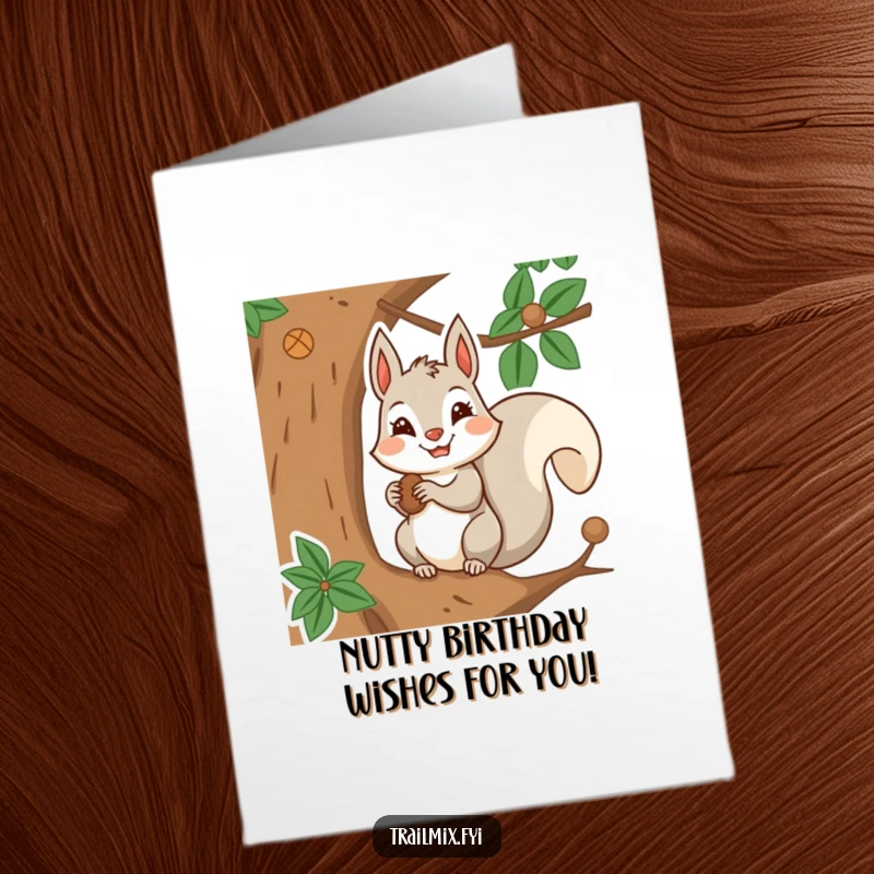 Funny Free Printable Birthday Card shows a smiling squirrel determinedly storing nuts high up in a tree.