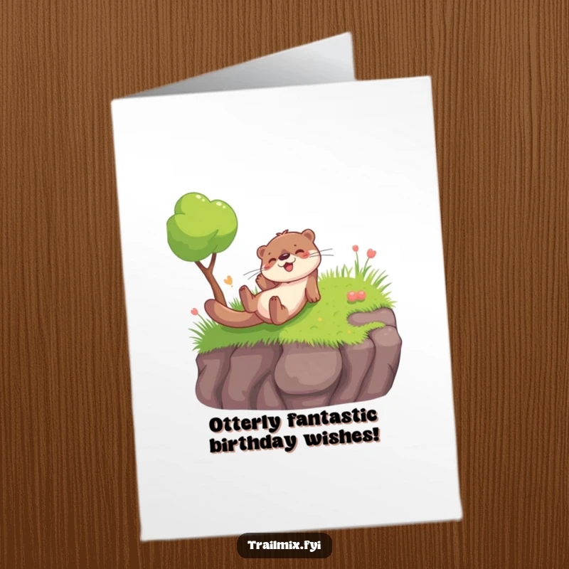 Funny Free Printable Birthday Card: A playful otter character sliding down a grassy hill with extreme glee.