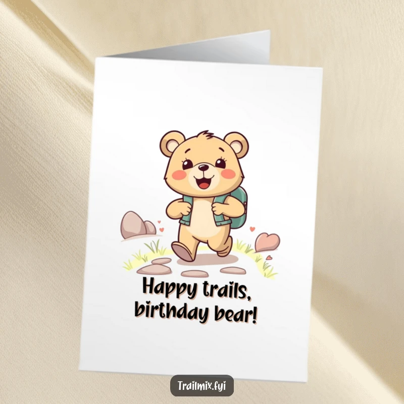 Funny Free Printable Birthday Card: A happy bear with a backpack joyfully strides up a path, ready for adventure.