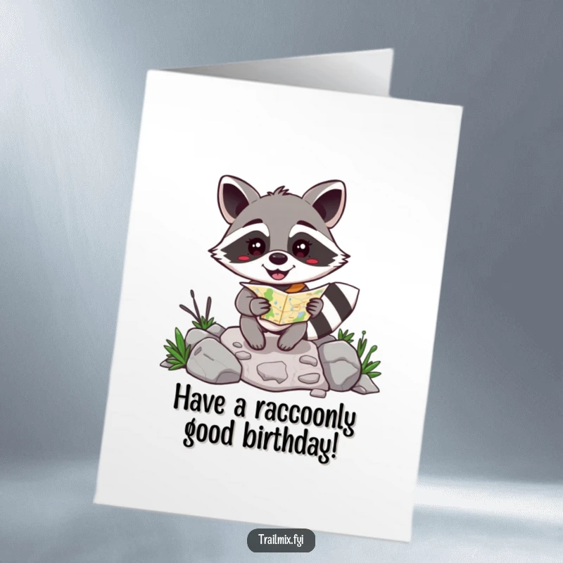 Funny Free Printable Birthday Card: Happy raccoon with map navigating rocks, ready for birthday journey, downloadable art.