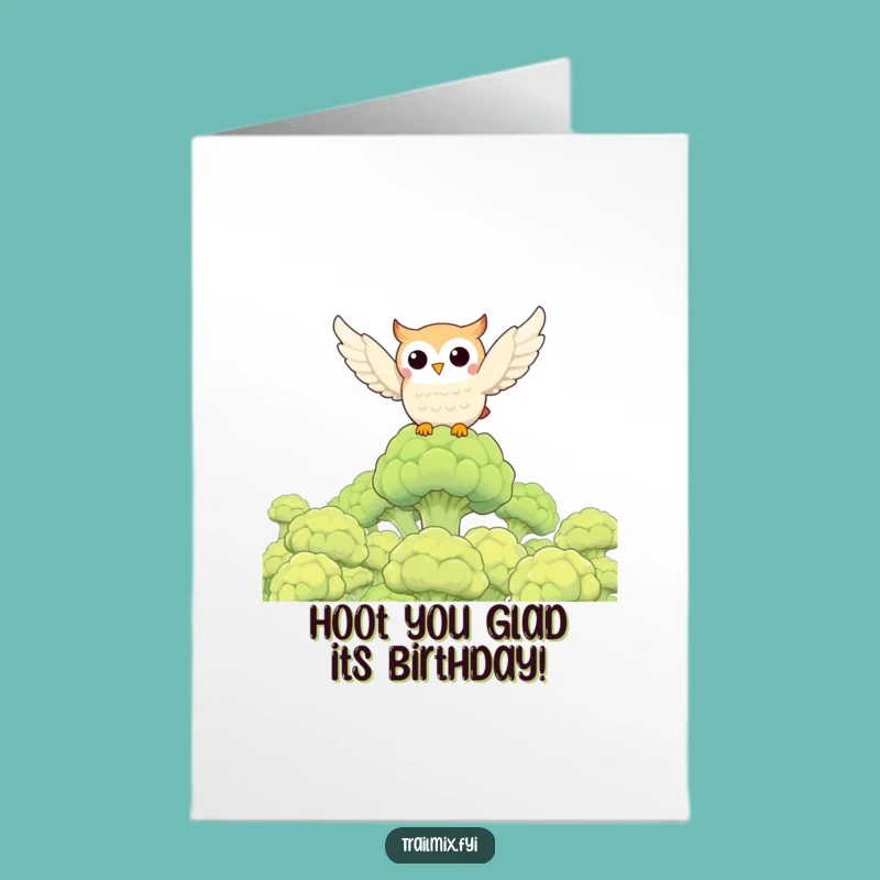 Free Printable Birthday Card: Funny Owl Soaring Over Broccoli Forest