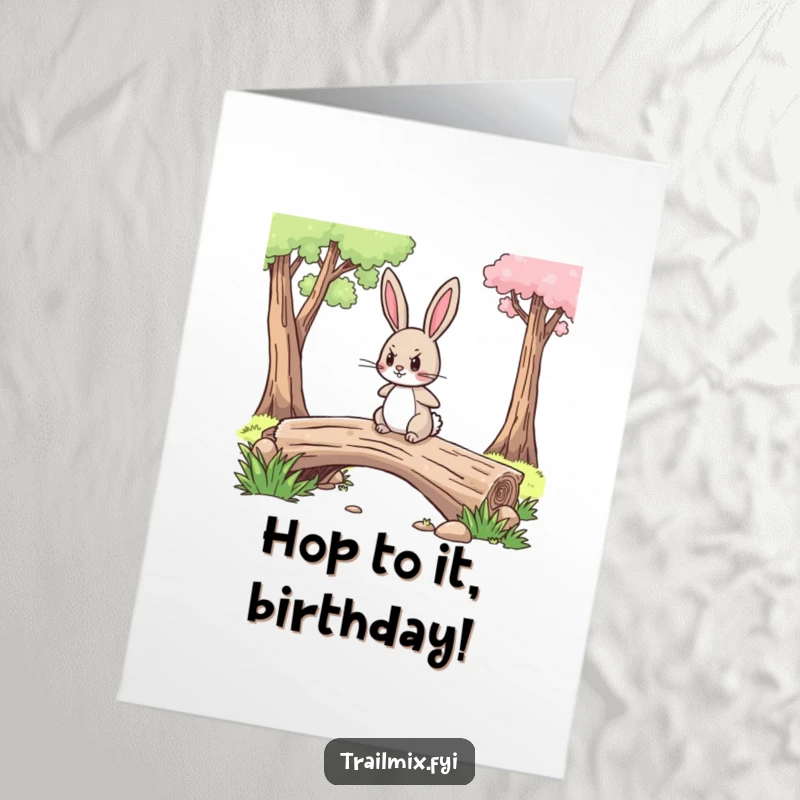 Free Printable Birthday Card: A brave rabbit with a determined look crossing a log bridge.