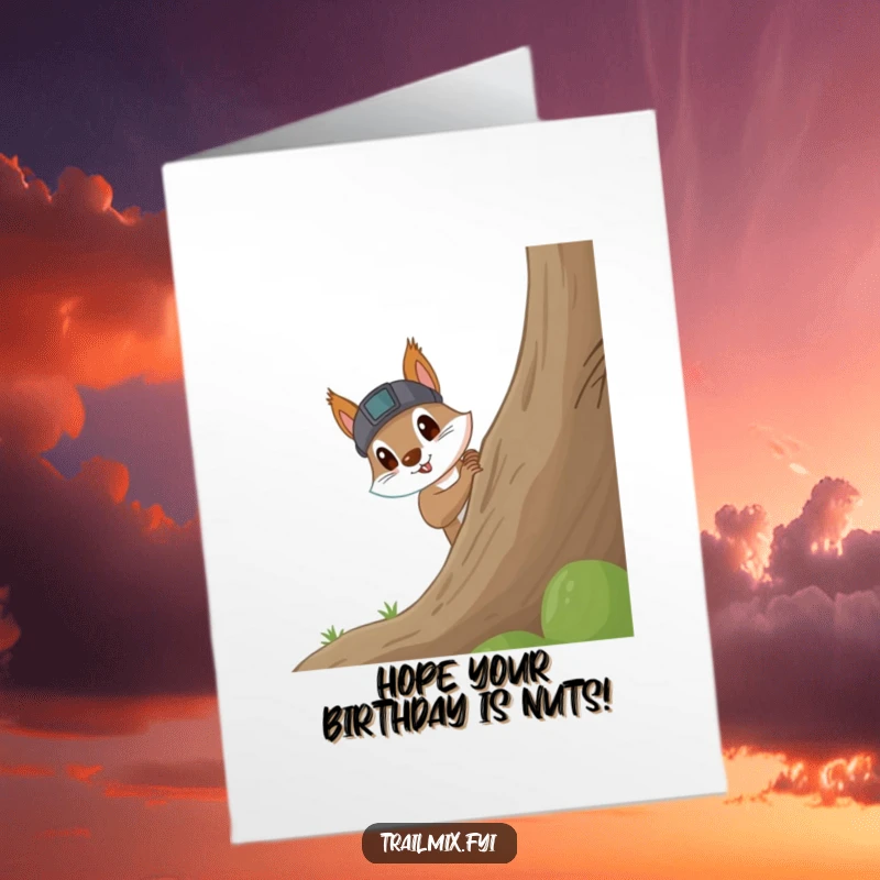 Funny Free Printable Birthday Card: Squirrel with headlamp excitedly peeks around a large tree, exploring.