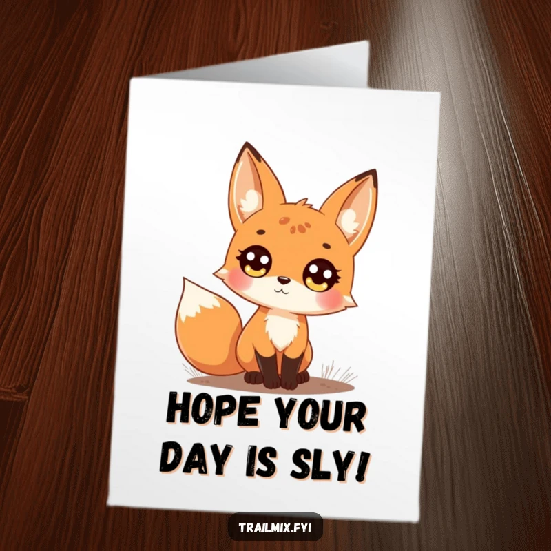 Free Printable Birthday Card: A curious fox with big bright eyes gazing upwards from a forest trail.