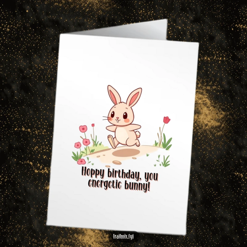 Funny Free Printable Birthday Card shows a playful rabbit hopping with excitement along a sunlit trail.