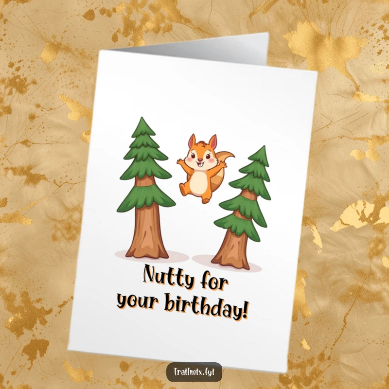 Funny Free Printable Birthday Card: Energetic squirrel mid-leap between pine trees, conveying pure birthday excitement.