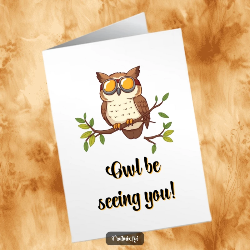 Funny Free Printable Birthday Card: A brave owl with goggles surveying the trail from a high branch, ready for adventure.