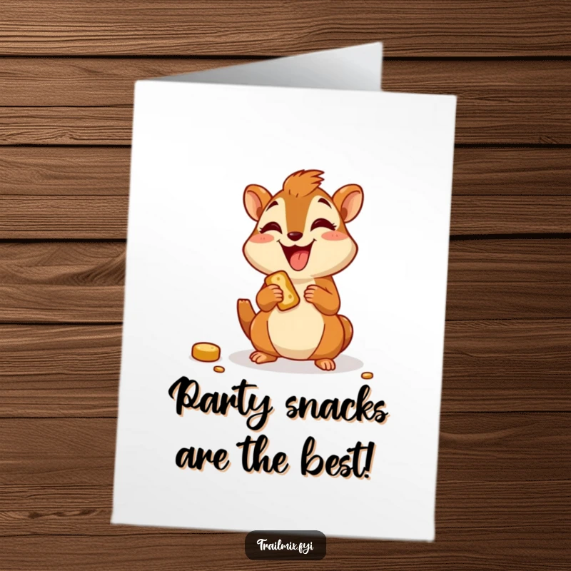 Funny Free Printable Birthday Card: Joyful cartoon chipmunk happily munching on a trail snack, celebrating a birthday.