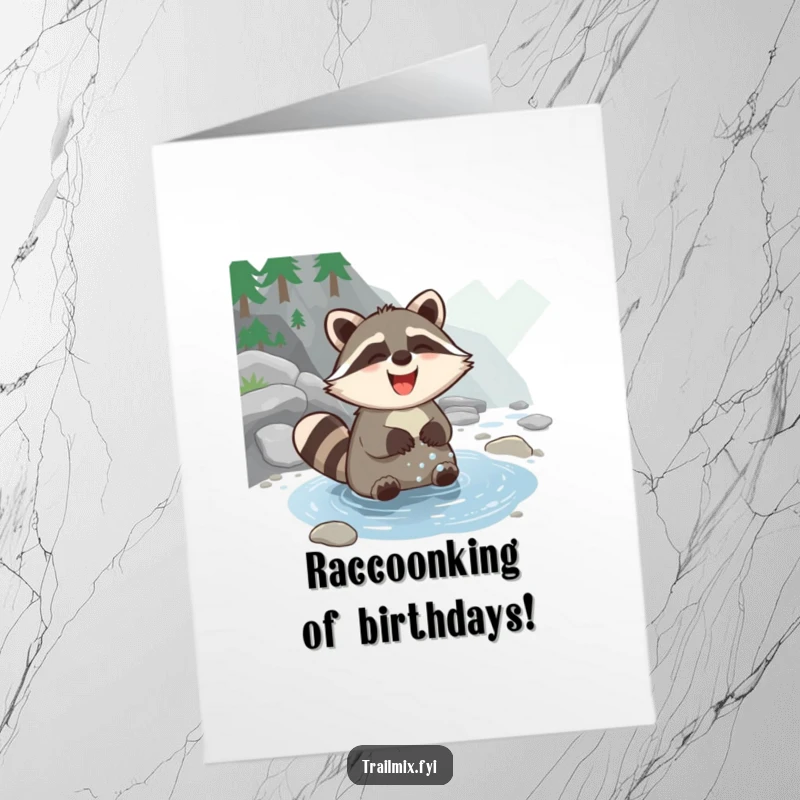 Funny Free Printable Birthday Card featuring a giggling raccoon joyfully washing paws in a serene mountain stream.