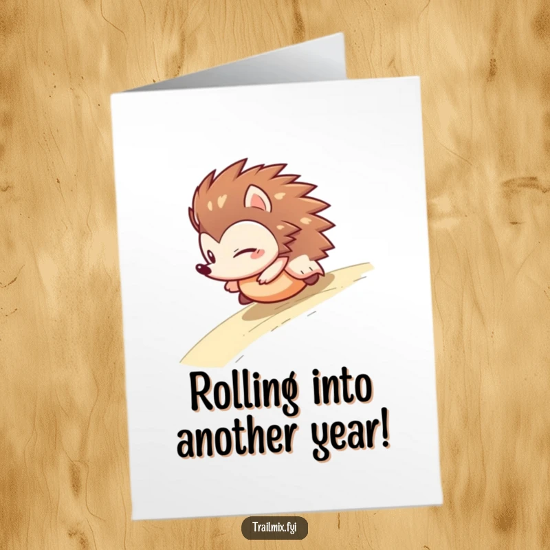 Funny Free Printable Birthday Card: Determined hedgehog hilariously rolling down a slope like a ball, ready for a fun birthday.