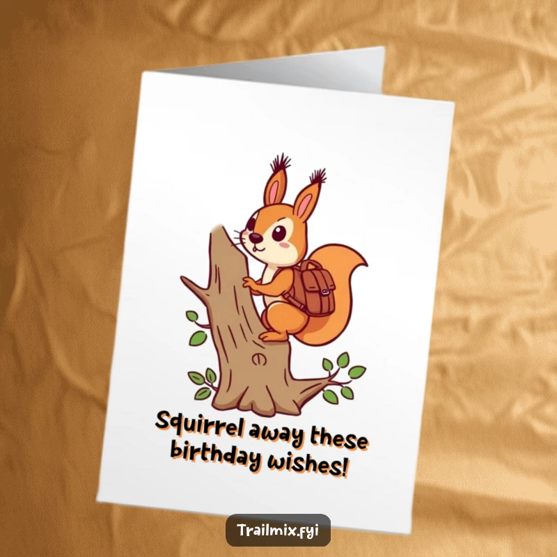Funny Free Printable Birthday Card: Determined squirrel climbing tree with backpack, ready for birthday fun, downloadable art.