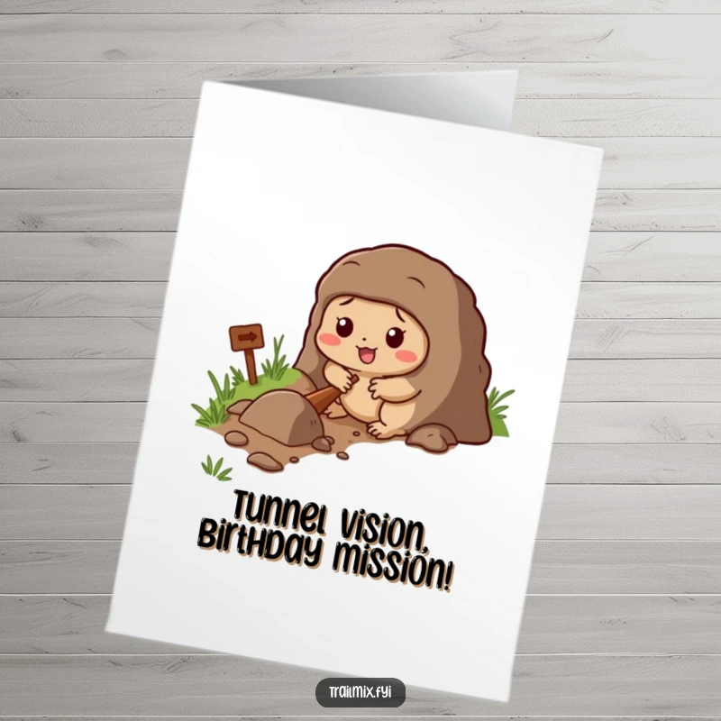 Funny Free Printable Birthday Card: Determined cartoon mole excitedly digging a tunnel beside a trail, ready to celebrate.