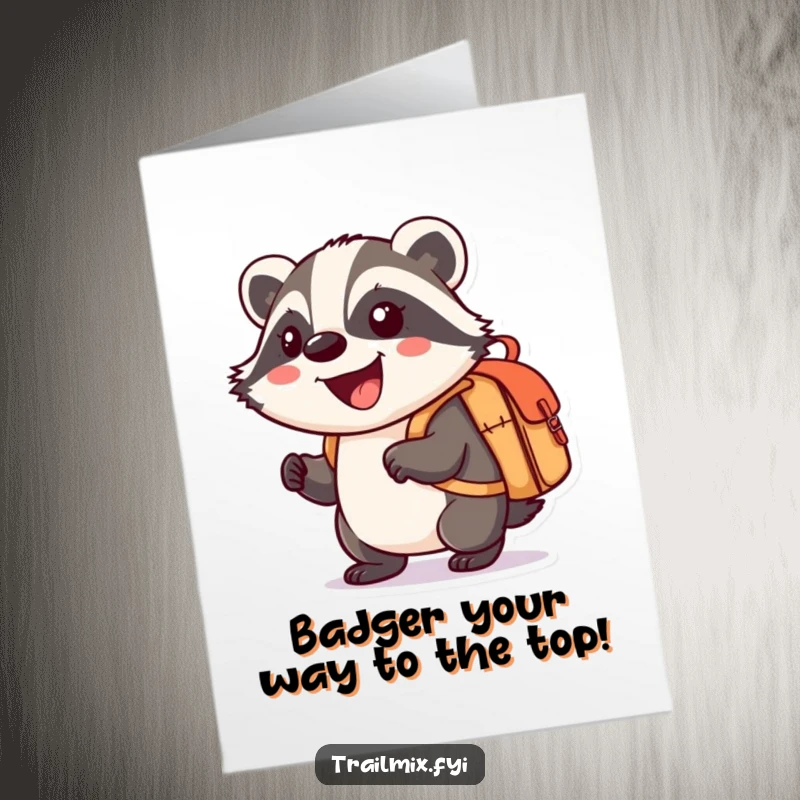Funny Free Printable Congratulations Card: A smiling badger carrying a knapsack, symbolizing a successful journey and well-earned congratulations.