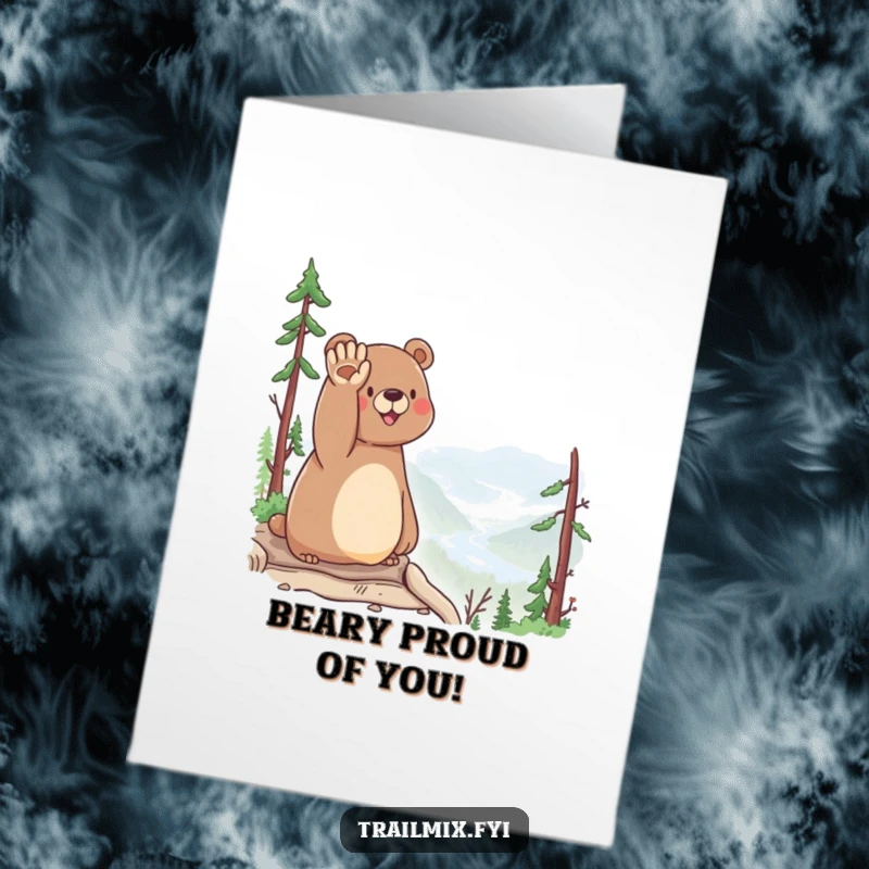 Funny Free Printable Congrats Card: Happy bear waving hello from a breathtaking scenic overlook.