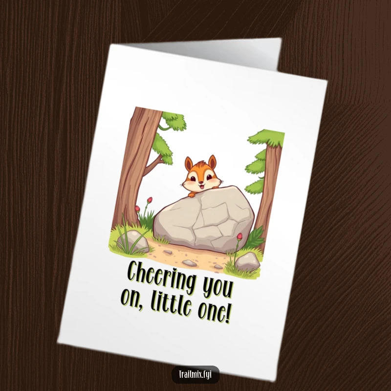 Funny Free Printable Congratulations Card: A happy chipmunk character peeking from behind a trail rock, celebrating a successful journey.