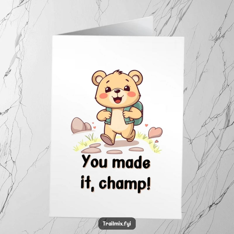 Funny Free Printable Congrats Card: A happy bear with a backpack strides joyfully, celebrating your successful journey.