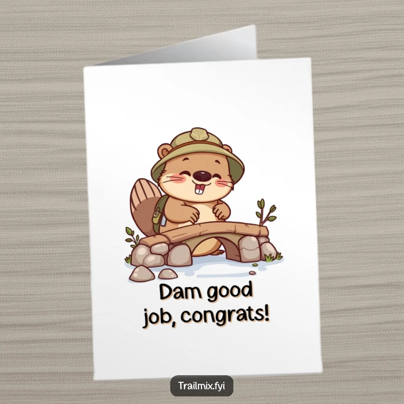 Funny Free Printable congratulations card showing a busy beaver explorer building a bridge, celebrating smart achievement, downloadable gift.
