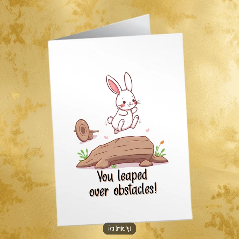 Free Printable Congratulations Card: A playful bunny rabbit leaps joyfully over a fallen log, celebrating a triumph.