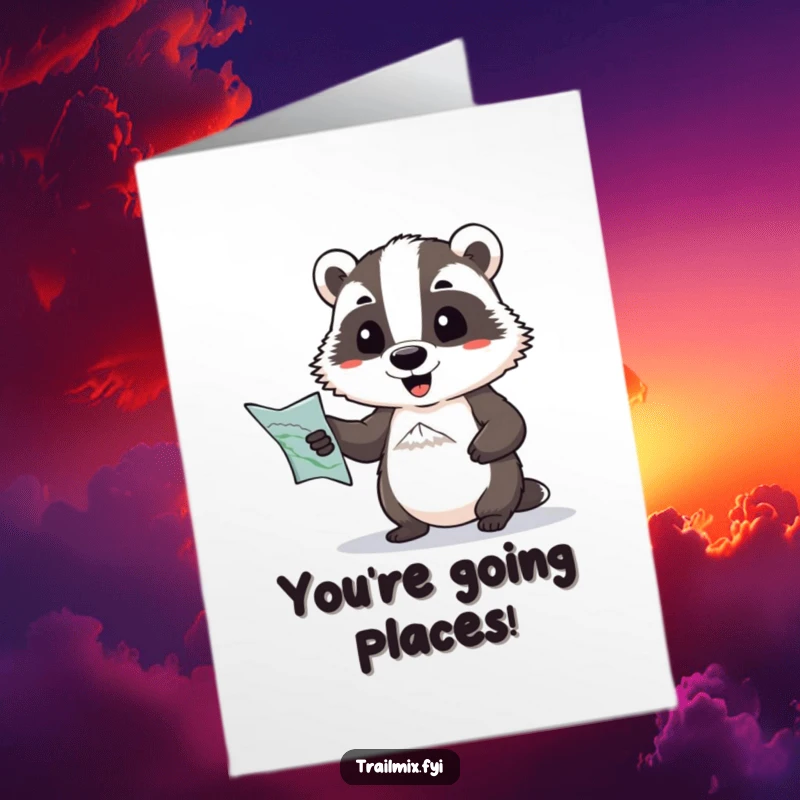 Funny free printable congratulations card: a determined badger with a map pointing towards a conquered mountain peak.