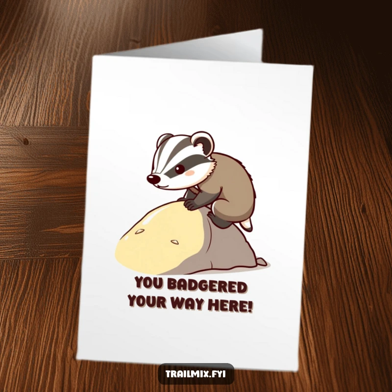 Funny free printable congratulations card featuring a tenacious badger reaching the summit of a slope, symbolizing a hard-earned victory.