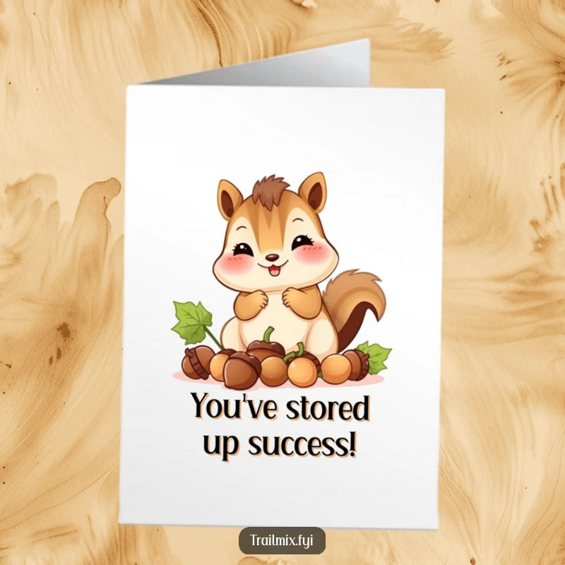 Funny Free Printable Congratulations Card: Chipmunk proudly shows off bulging cheeks full of acorns, celebrating your success.
