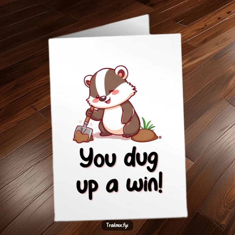 Funny Free Printable Congratulations Card: A happy badger character enthusiastically digging with a trowel, celebrating success.