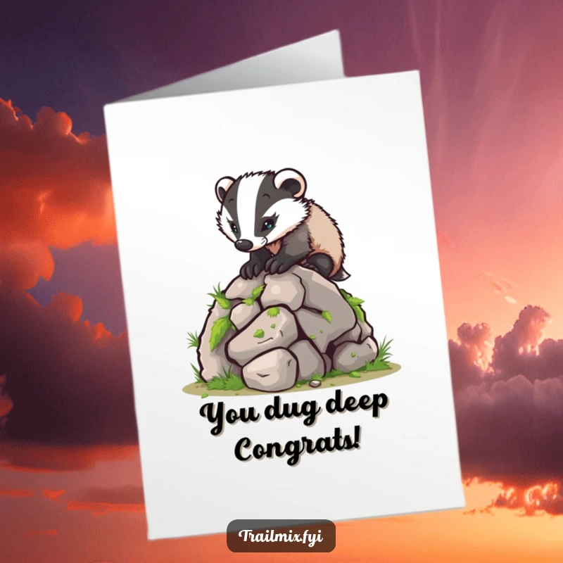Funny Free Printable Congratulations Card: Determined badger conquers a boulder, celebrating your big win.