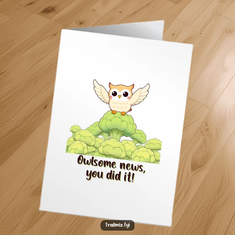 Funny Free Printable Congratulations Card: Cheerful owl flying over a broccoli forest, celebrating success with a healthy twist.