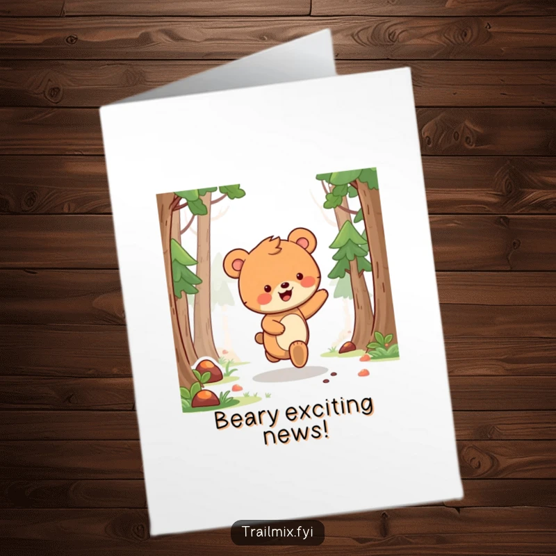 Funny Free Printable Congrats Card: A delighted bear cub skipping with enthusiasm down a forest path.