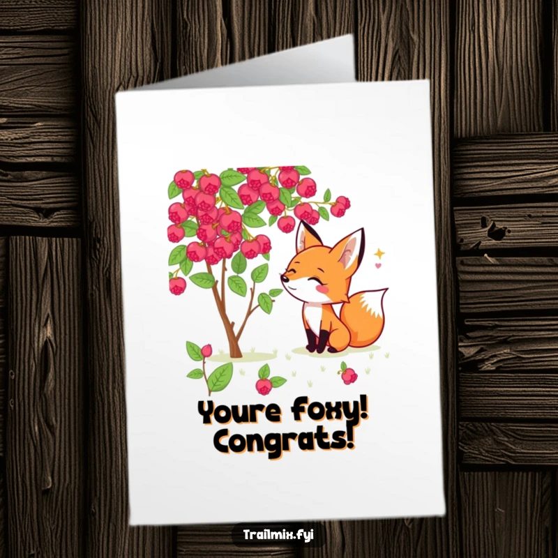 Funny Free Printable Congrats Card: A happy fox eagerly sniffing a juicy wild berry bush.