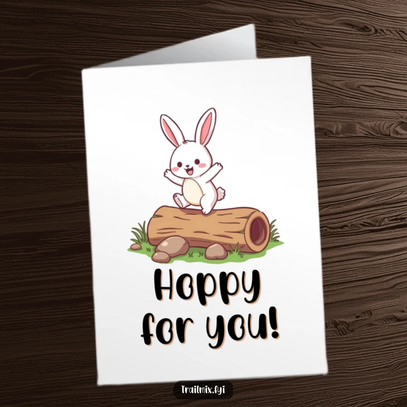Funny Free Printable Congrats Card: A jovial rabbit making a fun hop over a fallen log.